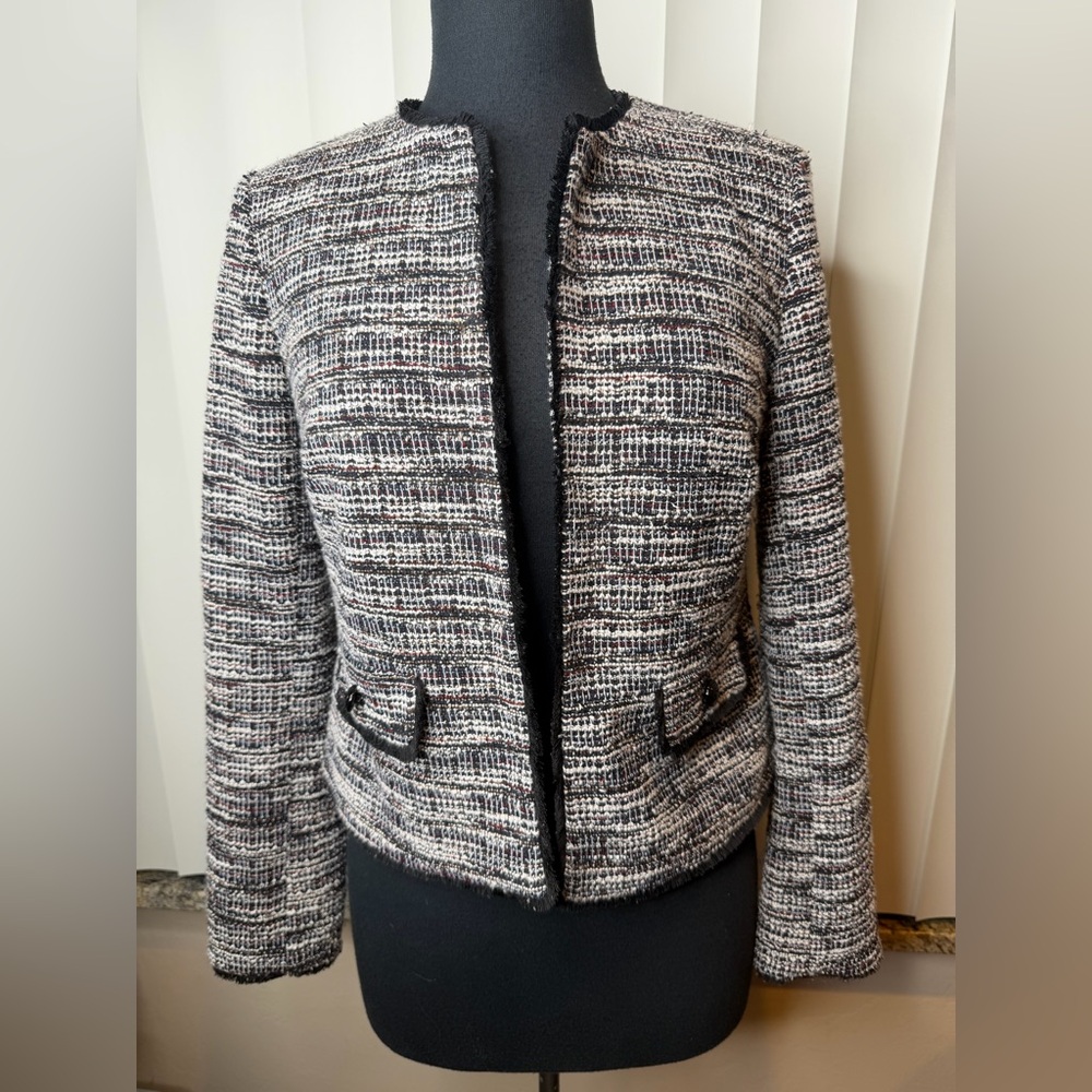 Karl Lagerfeld Paris Tweed Button Jacket Womens Black White Long Sleeve Size 6